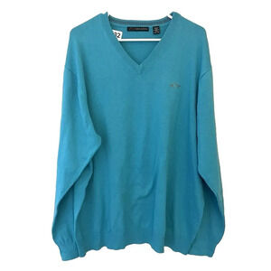 Greg Norman Teal Blue Knit Sweater Men’s XXL V Neck Golf Colorful 100% Cotton
